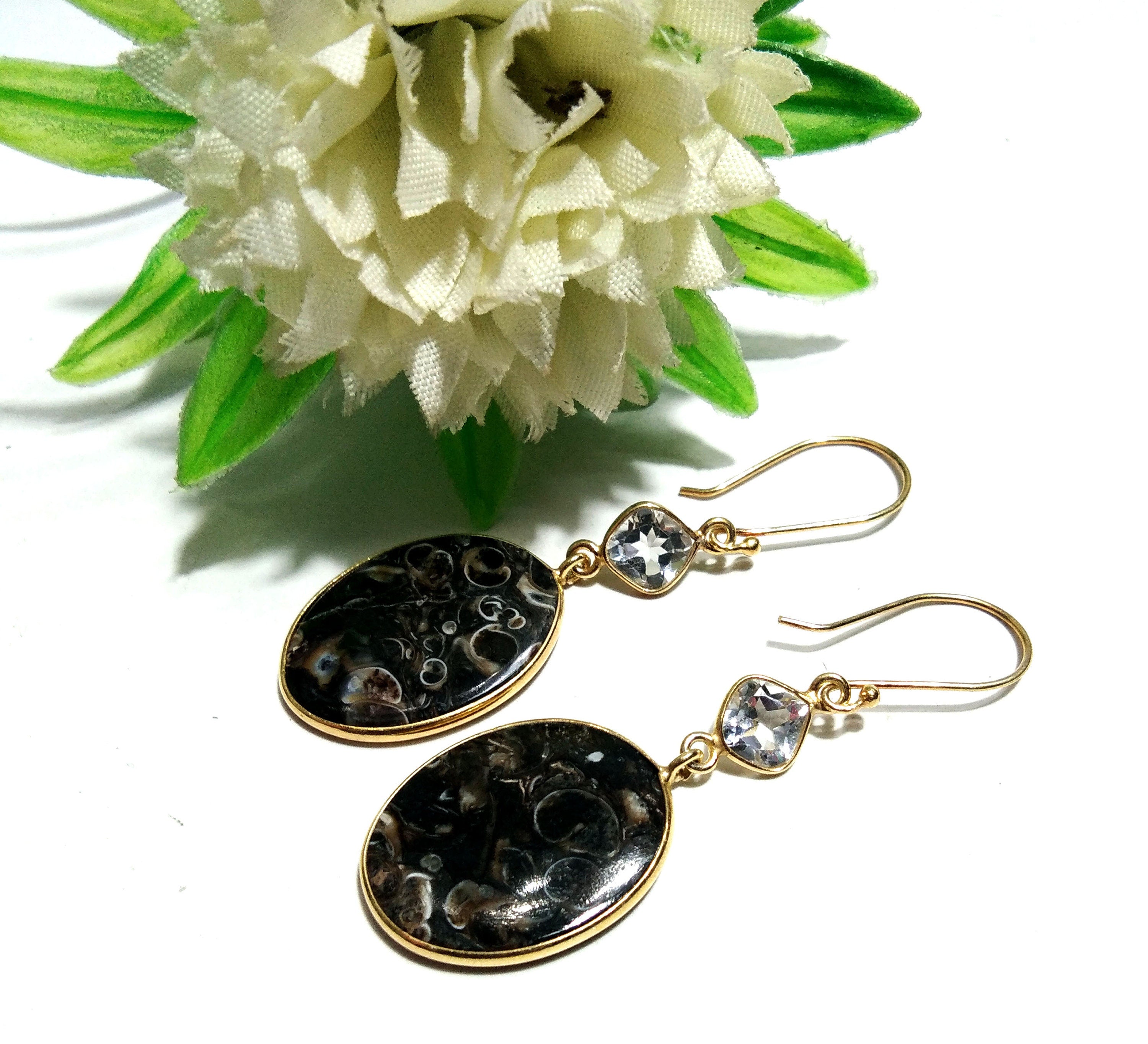 White Topaz & Turtella Jasper Earrings ! 925 Starling Silver With Gold Plated And Natural Gemstone Earrings Topaz Faceted,Turritella Fossil.